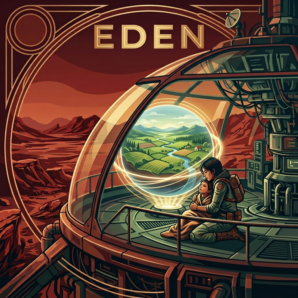 Album artwork for "Eden": a woman holds a child inside a glass dome on Mars, watching a glowing hologram of a green, pristine Earth.